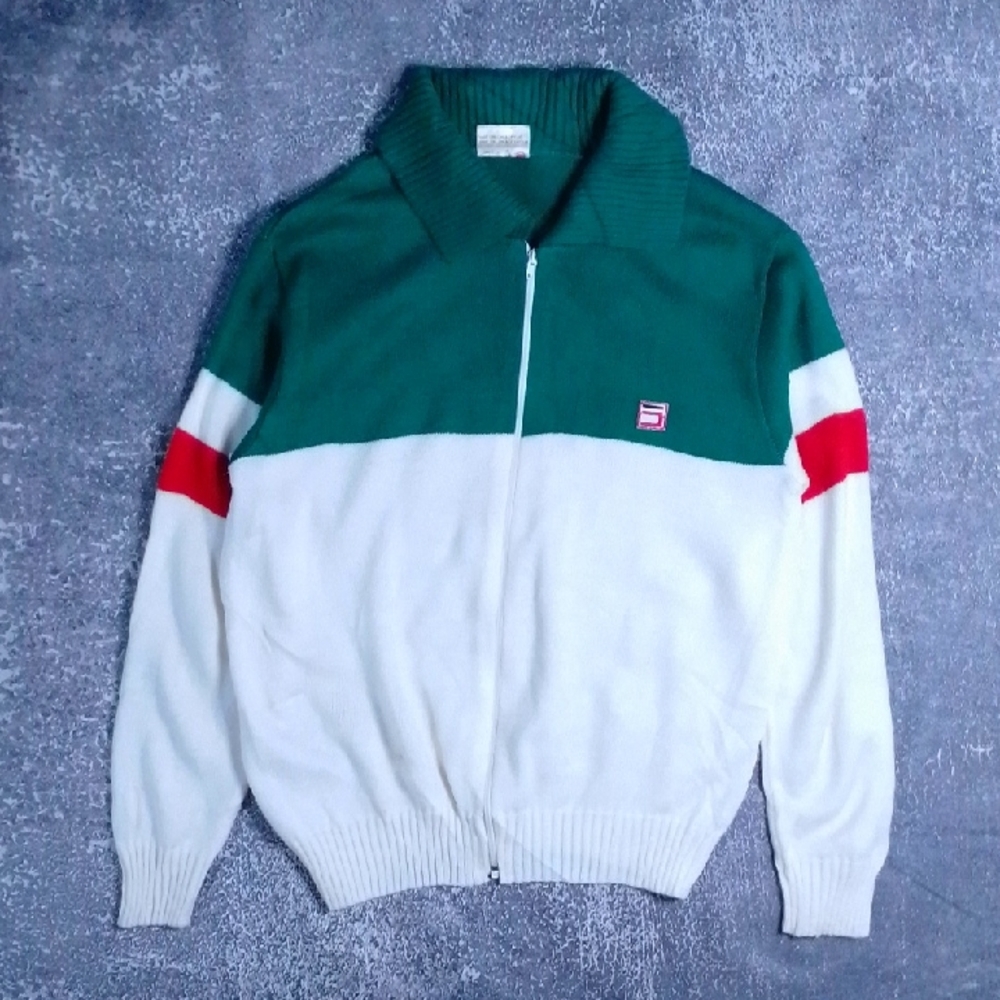 Vintage 80s Seaworth Knitwear Green and White Zip-Up Sweater